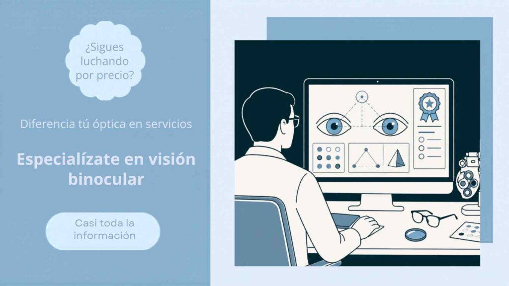 Ilustración de un optometrista frente a una pantalla con gráficos de visión binocular y material de consulta óptica.