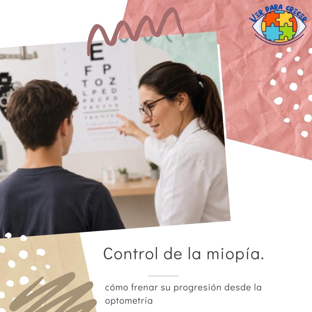 Un adolescente de espalda con una optometrista en un examen visual de control de miopía
