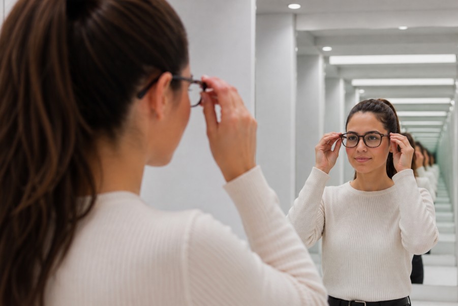 Mujer con prismas gemelos, cambian la percepción de la visión.
