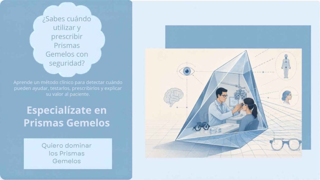 Infografía y anuncio del curso de prismas gemelos de Ver Para Crecer